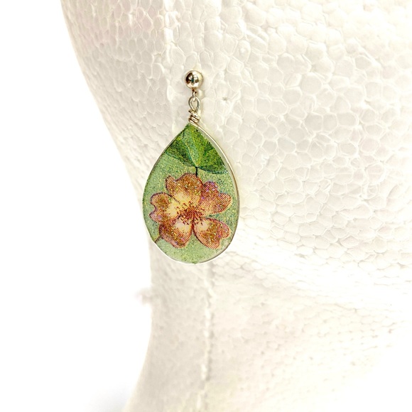 HANDMADE Mixed Media Floral Resin Art Sterling Silver Drop Earrings - Picture 4 of 10